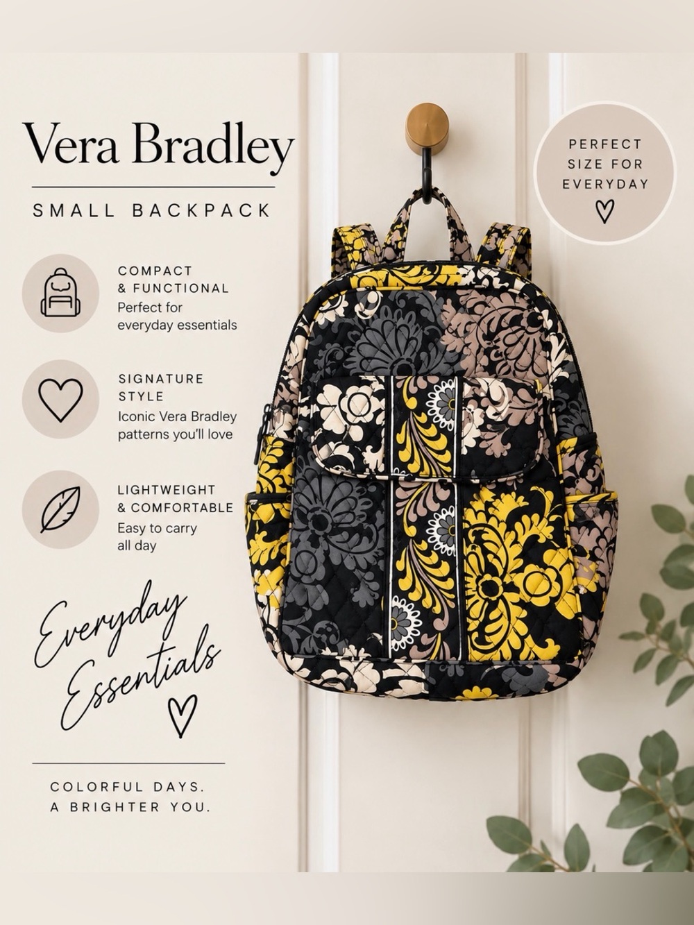 Vera Bradley Quilted Floral Backpack - Yellow, Black & Gray